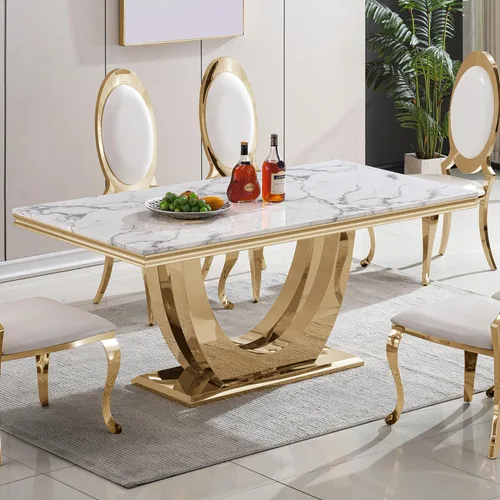 Vista 17 de Mesa de comedor de mármol negro para 4, 6, 70 pulgadas, moderna mesa de comedor de cocina dorada con base de acero inoxidable con diseño