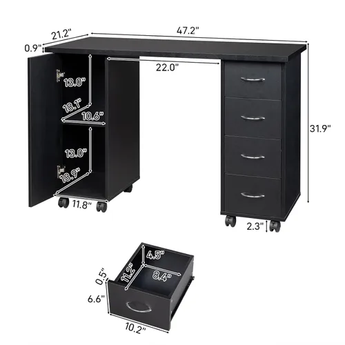 Vista 5 de Mesa rodante de manicura, estación de escritorio de uñas, estación de manicura para salón de belleza, equipo de arte de uñas con 4 cajones y Negro