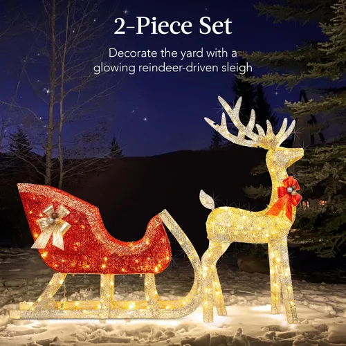 Vista 2 de Best Choice Products Decoración de Navidad iluminada de 4 pies con reno y trineo para exteriores, juego de decoración de patio con 205 luces LED