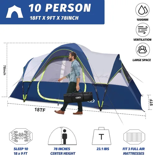 Vista 3 de UNP Tienda de campaña para 10 personas, tiendas familiares, fiestas, tienda de campaña para festivales de música, grande, fácil de instalar, 5