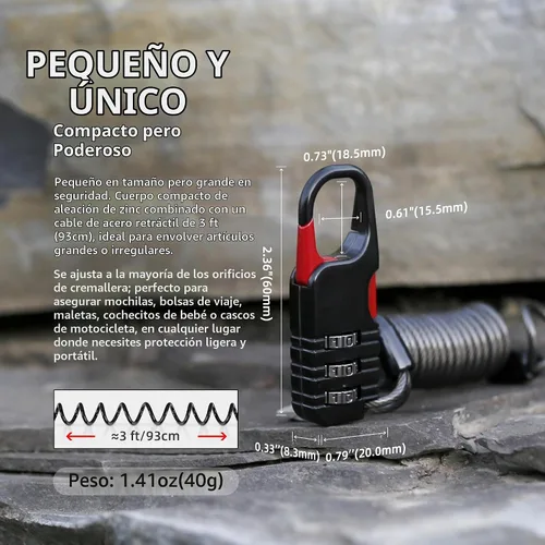 Vista 2 de Candado de esquí de combinación pequeña con cable retráctil (cable de 3 pies/91cm), cerraduras de cable delgadas con combinación para equipaje