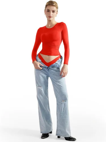 Vista 5 de SUUKSESS Camisetas básicas ajustadas de doble forro para mujer, cuello redondo, manga larga