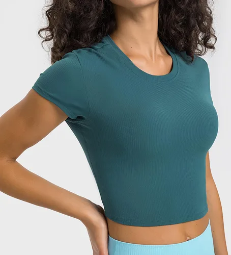 Vista 2 de ZHENWEI Camisetas de entrenamiento de manga corta para mujer, camisetas deportivas acanaladas con cuello redondo, camisetas atléticas para gimnasio