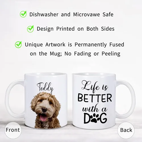 Vista 3 de Taza personalizada para perros – Life is Better with a Dog – Taza de café personalizada de 11 onzas para los amantes de los perros – Taza de foto