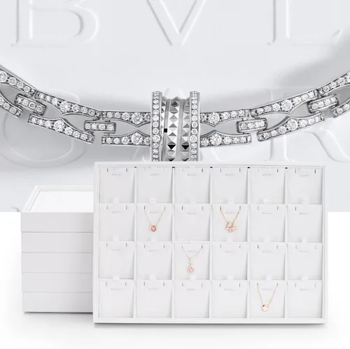 Vista 2 de Oirlv - Bandeja apilable de piel sintética color blanco de calidad prémium para joyas, 24 rejillas, organizador de cajones, bandejas para anillos