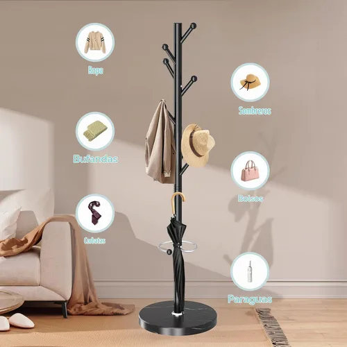 Vista 4 de OIRUMIE Perchero con base de mármol natural, perchereros metálicos independientes, perchero resistente con 8 ganchos para colgar bufanda, bolso Negro
