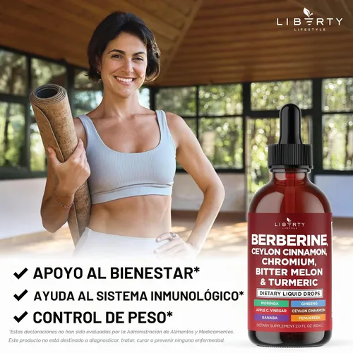 Vista 5 de Berberina con Suplemento de Canela de Ceilán Gotas Líquidas + Extracto de Melón Amargo, Glucomanano, Gymnema, Cromo, Cúrcuma, Panax Ginseng, Moringa