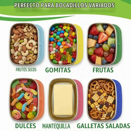 Vista 4 de Contenedores de acero inoxidable de 8 onzas con tapas de silicona, paquete de 4 recipientes de aperitivos de acero inoxidable, sin BPA