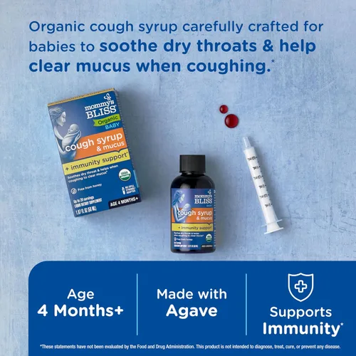 Vista 2 de Mommy's Bliss Jarabe orgánico para la tos y moco del bebé + apoyo inmunológico, contiene hojas de agave y hiedra, más de 4 meses, 1.67 onzas líquidas