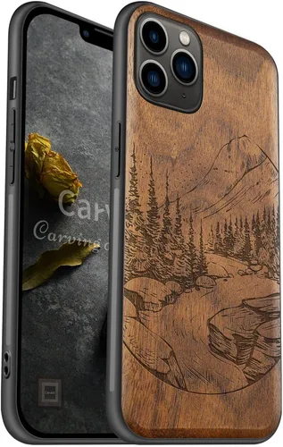 Vista 10 de Carveit Funda de madera para iPhone 11 Pro Max [madera natural y TPU suave negro] a prueba de golpes, protector de teléfono de madera único