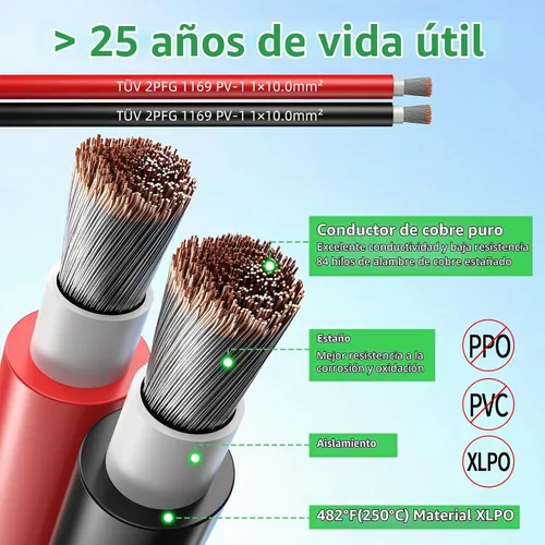 Vista 2 de Bateria Power Cable de Panel Solar 2x50 Pies 8AWG (10 mm²), Cable de Extensión de Panel Solar de Cobre Estañado Cableado PV para Sistema Solar