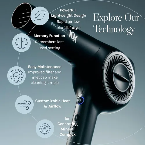 Vista 3 de Bio Ionic Secador de pelo de velocidad ultraligera 10X, secador de pelo con calor y velocidad ajustables, función de memoria, herramienta