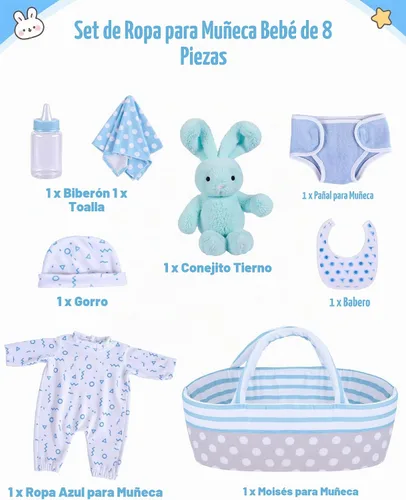 Vista 2 de BABESIDE - Accesorios para muñecas de bebé de 8 piezas con moisés para muñecas de 17 a 22 pulgadas Doll outfit set with bodysuit, diaper, bib
