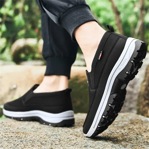 Vista 9 de Mocasines de lona sin cordones con soporte de arco para hombre, para exteriores, informales, antideslizantes, ortopédicos, planos, zapatos