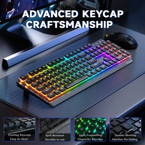 Vista 6 de M104 Teclado inalámbrico para juegos con cable/Bluetooth mecánico tacto iluminado teclado de computadora con teclado numérico RGB tamaño completo