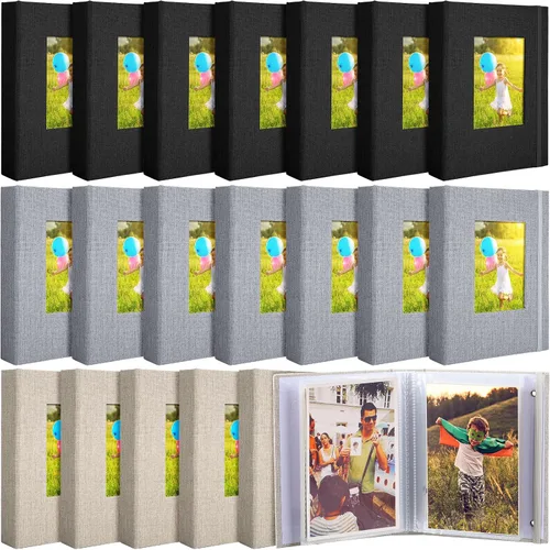Vista 8 de Yeaqee Paquete de 20 álbumes de fotos de 4 x 6 pulgadas, cubierta de lino, libro de recuerdos con ventana frontal, 26 páginas transparentes con Negro