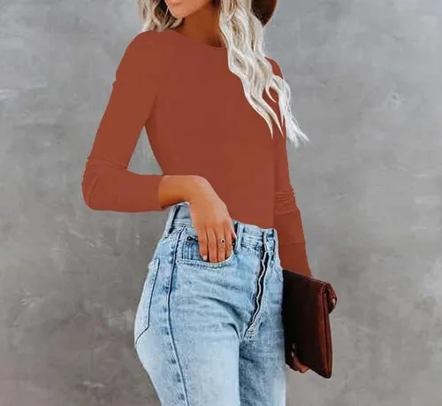 Vista 4 de REVETRO Camisetas de cuello redondo para mujer, manga larga, ajustadas, para invierno, básicas