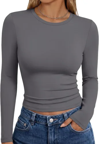 Vista 9 de Trendy Queen Camisetas de manga larga para mujer, camisetas básicas de Verde militar