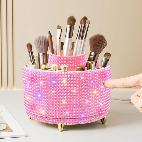 Vista 10 de Organizador para brochas de maquillaje, organizador de brochas de maquillaje giratorio 360°, taza con 5 ranuras para brochas de maquillaje