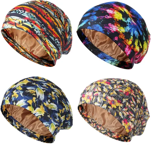 Vista 7 de Geyoga 4 piezas de gorro de satén de seda para mujeres durmiendo, gorro de dormir de doble capa, gorro de dormir holgado