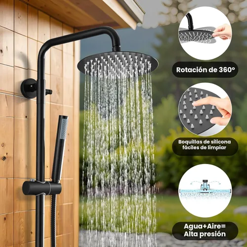 Vista 5 de gotonovo accesorios de ducha al aire libre SUS304 de acero inoxidable, kit de ducha de lluvia de alta presión, montaje en pared, 2 funciones Negro