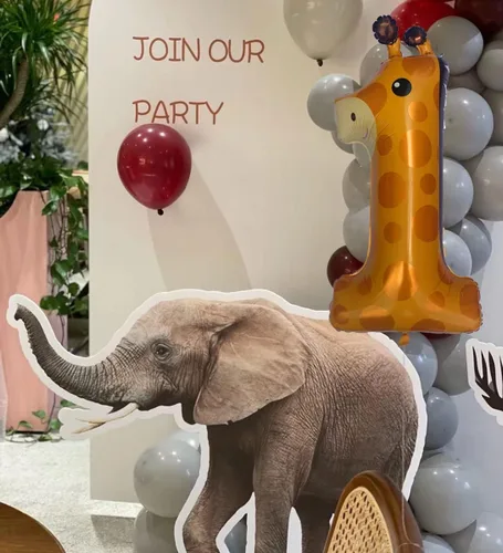 Vista 3 de Globos de jirafa para el primer cumpleaños de 40 pulgadas, globo grande número 1, decoraciones de cumpleaños salvaje, suministros de primera fiesta