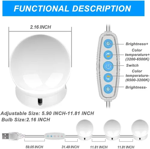 Vista 4 de Luces de Espejo de Tocador, 10 Bombillas Regulables DIY Estilo Hollywood Luces LED de Espejo de Maquillaje con Cable USB, Tira de Luminaria