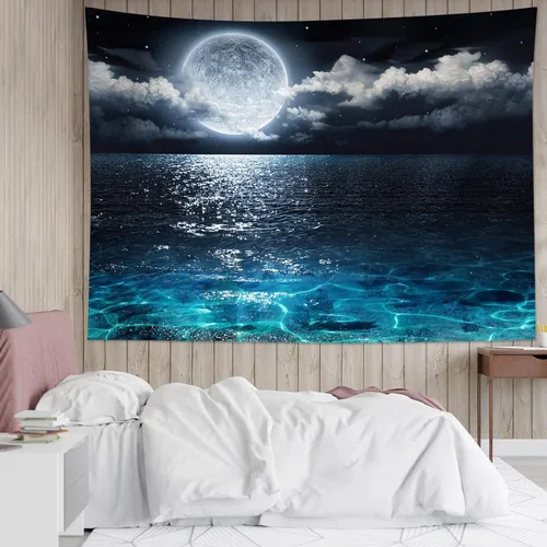 Vista 26 de LB Tapiz de cielo nocturno y océano, tapiz de luna llena sobre el agua, tapiz para colgar en la pared, tapiz de fantasía mágica de acuarela 3D, arte