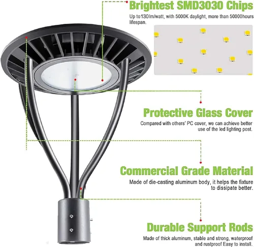 Vista 6 de Luz LED de poste superior con fotocélula del atardecer al amanecer, 20W/30W/40W/60W vatiaje seleccionable, 3000K/4000K/5000K CCT sintonizable, luces