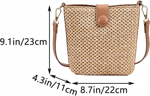 Vista 5 de Bolso cruzado de paja para mujer, bolso de hombro hecho a mano de ratán para playa, correas de cuero tejidas a mano, bolso de mano de paja