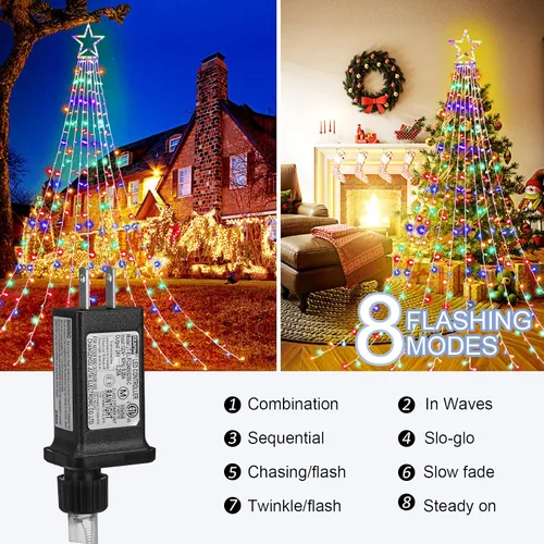 Vista 4 de Luces de estrella para decoración de Navidad al aire libre, 320 LED, 16.4 pies, luces de cadena para árbol de Navidad con topper de estrella