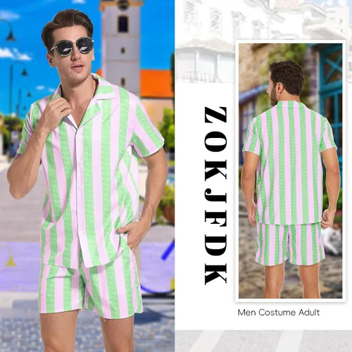 Vista 3 de Disfraz de hombre para adultos, disfraces de playa, trajes de camisa y pantalones cortos, disfraz de muñeca para fiesta de Halloween