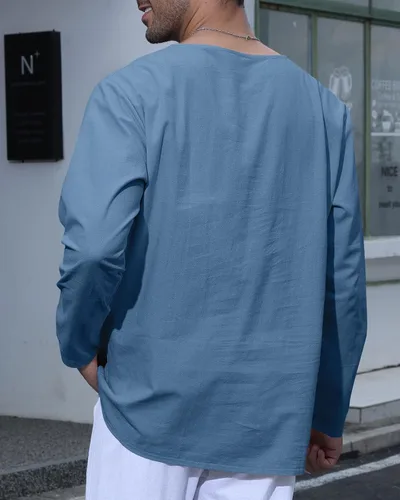 Vista 6 de MyDearie Camisa casual de lino con cuello en V para hombre, manga larga, hippie, playa, camiseta sólida ligera para yoga tropical