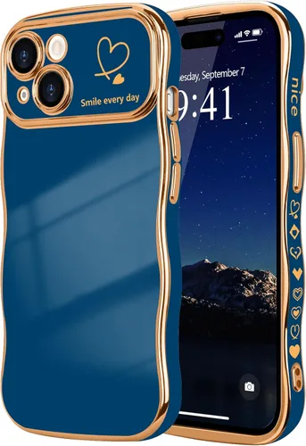 Vista 62 de LCHULLE - Funda para iPhone Air, linda para mujeres y niñas, con forma de onda, color azul bebé Luxury Plating Curly Wavy Frame with Love Heart