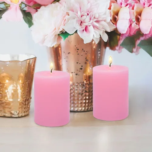 Vista 2 de Paquete de 12 velas de pilar rosas de 2 x 3 pulgadas para el día romántico de San Valentín, velas de columna sin perfume para el hogar