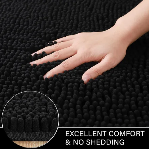 Vista 4 de LOCHAS Juego de 2 alfombras de baño de 17 x 24 pulgadas más 20 x 32 pulgadas de grosor, antideslizantes, alfombra de baño de felpilla suave y Negro