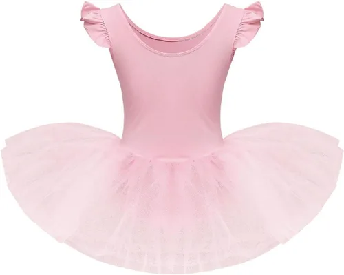 Vista 2 de IDOPIP Vestido de ballet con volantes y mangas con volantes para niñas pequeñas, tutú con falda, leotardo para bailarina, traje de gimnasia