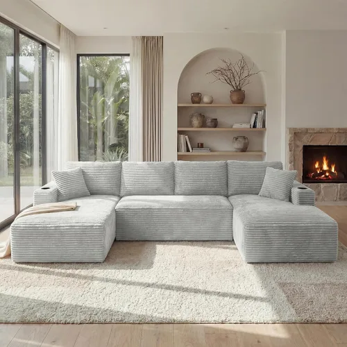 Vista 10 de Sofá grande sin hueso de 125 pulgadas con diván, moderno sofá modular con asiento profundo, sofá tapizado de pana en forma de U para sala de estar
