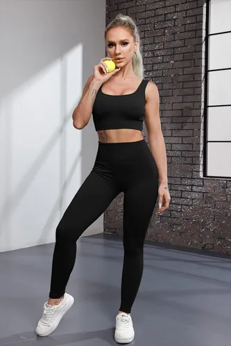 Vista 3 de QINSEN FAFOFA - Conjunto de 2 piezas de entrenamiento, para mujer, brasier deportivo sin costuras, cintura alta, leggings de yoga.