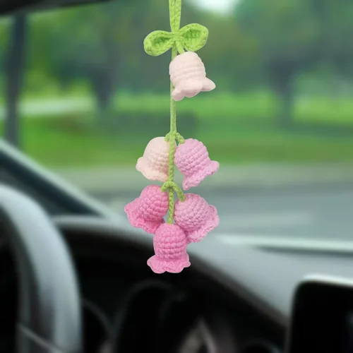 Vista 6 de Adorno colgante para espejo retrovisor de automóvil, cesta de flores de ganchillo, accesorios para plantas, adorno de automóvil tejido hecho a mano