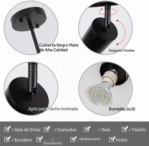 Vista 5 de Kit de iluminación LED de 5 luces, luz de pista negra, cabezal de luz flexible giratorio, iluminación moderna para cocina, sala de estar, comedor