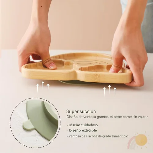 Vista 3 de let's make Juego de Platos y Cuencos de Bambú con Ventosa para Bebé y Niño Pequeño, Bandeja Dividida, Cuenco de Comida con Tenedor y Cuchara de Set