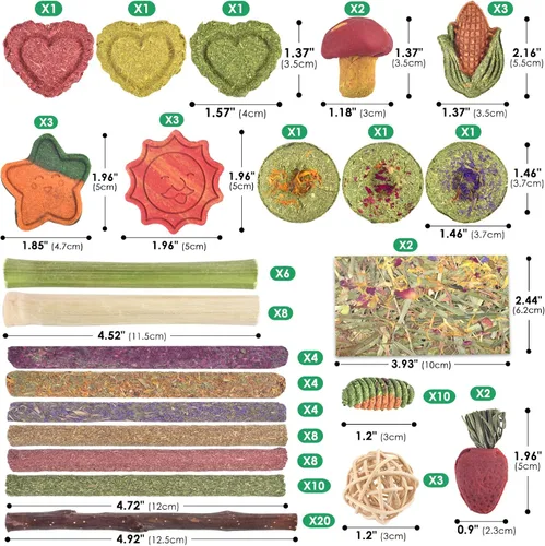 Vista 3 de ERKOON 106 PIEZAS Juguetes Masticables de Conejo para Dientes de Conejos, Juguetes Naturales para Conejos Palitos de Madera de Manzano, Zanahoria