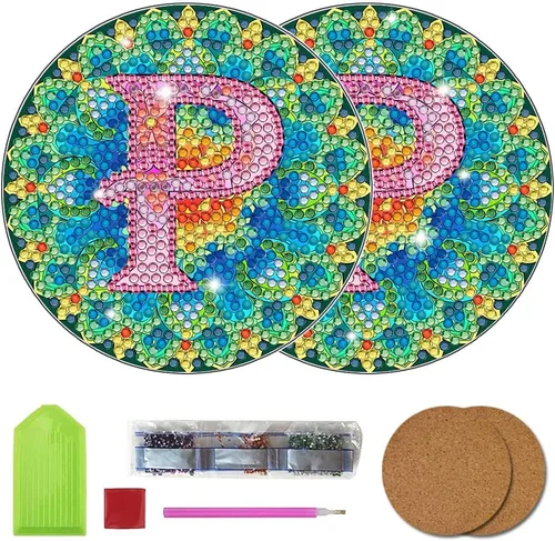 Vista 19 de Bysincy Juego de 2 posavasos de pintura de diamantes de 26 letras A-Z, 5D, arte de diamante, mosaico, alfabeto, kit por número para adultos y niños