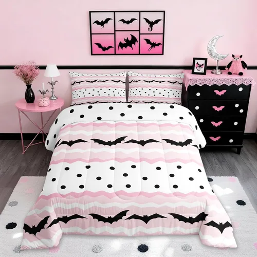 Vista 38 de Lindo juego de edredón de murciélago tamaño Queen con diseño de animales de Feliz Halloween, 3 piezas para decoración de habitación de niños