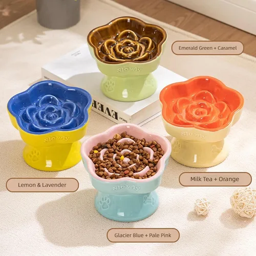 Vista 8 de Ceramic Dog and Cats Slow Feeder Treats Bowl with Raised Design for Small Pet Helps Choking and Improves Digestion Pet Slow Feeder Bowl caramel