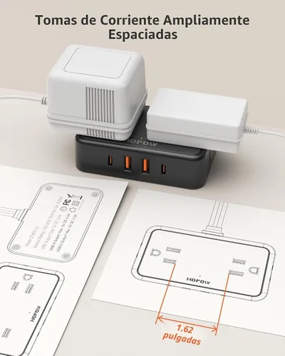 Vista 4 de HOPOW Cable de extensión con enchufe plano, regleta de 6 pies ultra delgada, 4 tomas de CA con amplio espacio y 4 puertos USB (2 USB-C), sin