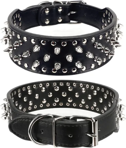 Vista 2 de PU - Collar para perro de piel sintética ajustable de 2.0 in, tachonado con clavos, Negro Collar de protección ajustable para el cuello