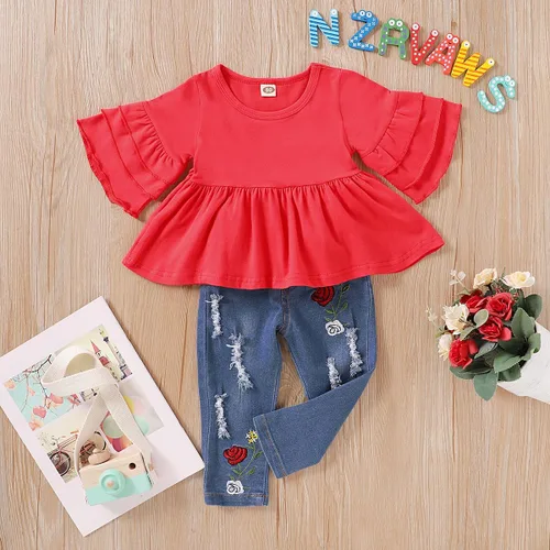 Vista 3 de NZRVAWS Baby Girl Clothes Toddler Girl Outfits Infant Ruffle Shirt Denim Ripped Jeans Cute Clothing Set