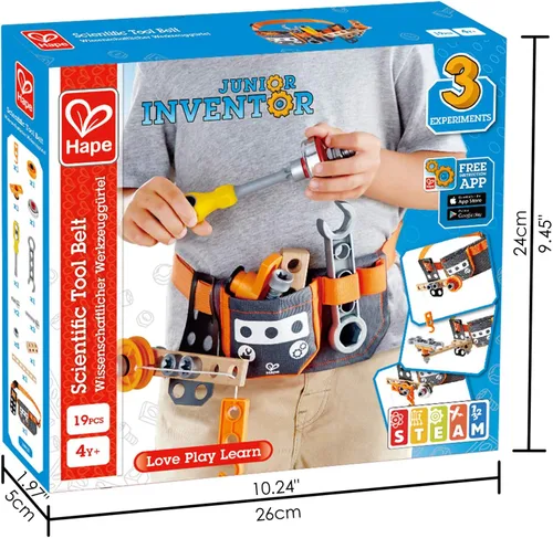 Vista 3 de Hape Junior Inventor Scientific - Cinturón de herramientas 19 piezas de componentes utilitarios STEAM cinturón de almacenamiento de herramientas
